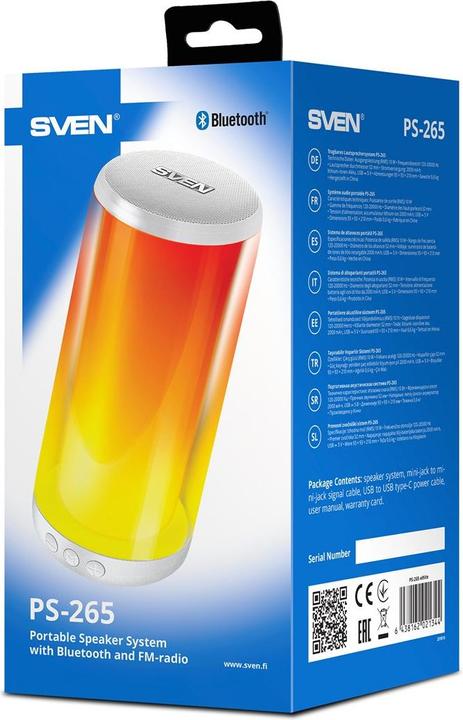 Actual product image Sven PS-265, baltas, power output (RMS), TWS, Bluetooth, FM, USB, Micro SD, lithium battery (USB power delivery)