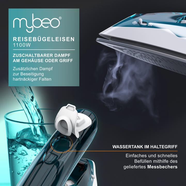 Produktbild Mybeo Reisebügeleisen, faltbares Bügeleisen 1100W, mit Dampf & Edelstahl Gleitsohle, Dual-Voltage 110/230V (1100 W)