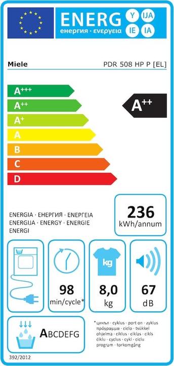 Energy Label Miele PDR 508 HP P (EL) Professional Wärmepumpentrockner, Kleiner Riese Lotosweiss 12749770 (8 kg, Left)