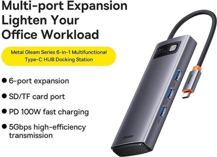 Produktbild Baseus Metal Gleam Series 6-in-1 Multifunctional Type-C HUB Docking Station Gray Type-C to USB3.0*3+PD*1+S (USB-C, 6 Ports)