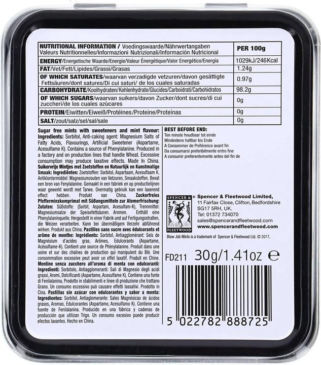 Nutritional values and ingredients Spencer & Fleetwood Blowjob Mints (1 pcs., 30 g)