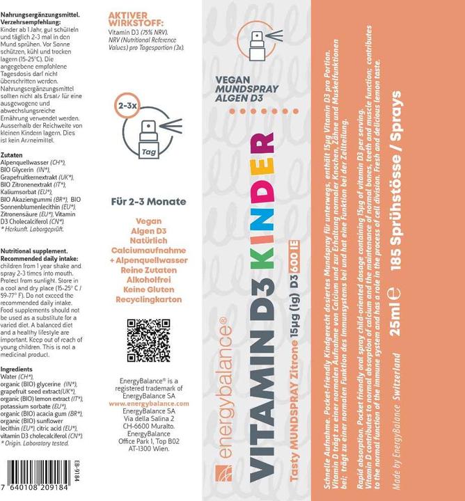 Nährwerte und Zutaten Energybalance Vitamin D3 Kinder (1 Stück, Spray, 0.03 g)
