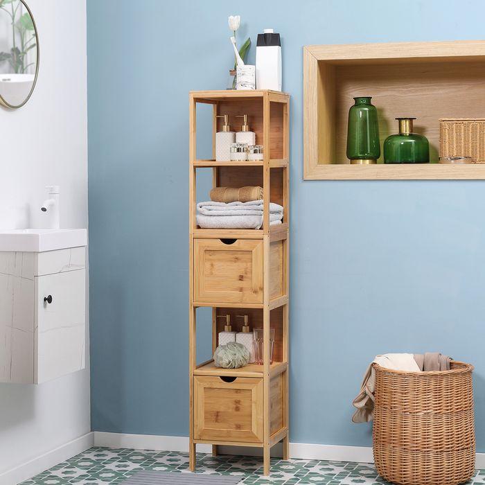 Immagine prodotto Swisshandel24 Mobile da bagno in bambù, 3 ripiani, 2 cassetti, protezione antiribaltamento (30 x 30 x 140 cm)