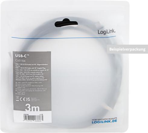 Produktbild LogiLink USB 2.0 Type-C-Kabel, USB-C/M 90° zu USB-C/M, E-mark, PD, schwarz, 2 m (2 m, USB 2.0)