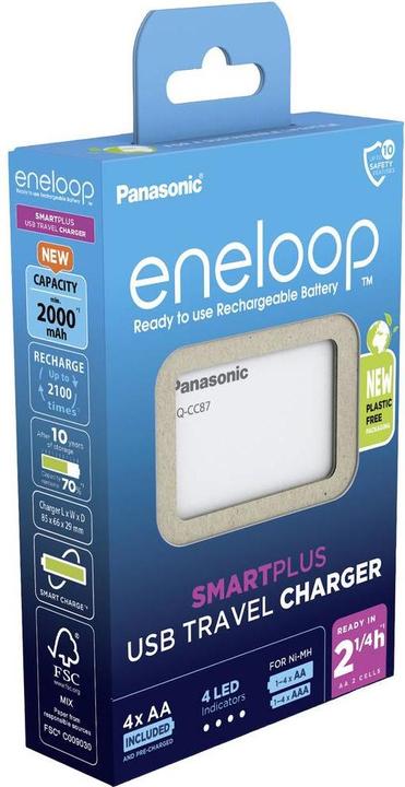 Produktbild Panasonic eneloop Smart Plus USB Travel Charger BQ-CC87 (4 Stk., AAA, AA, 2000 mAh, Ladegerät inkl. Akku)