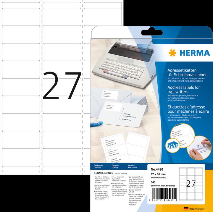 Image du produit HERMA Étiquettes d'adresse pour machines à écrire A4
