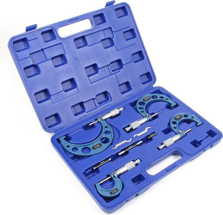 Produktbild Wiltec Mikrometer Set 0-100 mm 0,01mm 4 Bügelmessschrauben Stahl Werkzeug Koffer