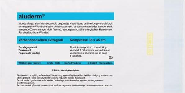 Actual product image Aluderm ® Dressing 6 cmx3 m (WxL) Compress dimensions: 45x35 cm (WxL) Polyester fleece aluminium vapourised (1 x)
