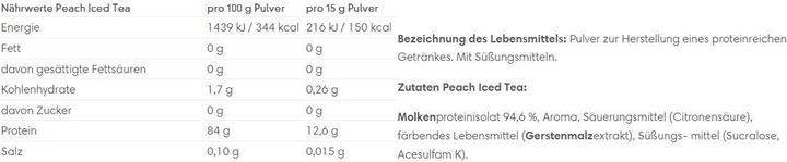 Valeurs nutritives et ingrédients ESN Isolat de lactosérum Isoclear (Ice Tea Pêche, 1 pcs, 600 g)