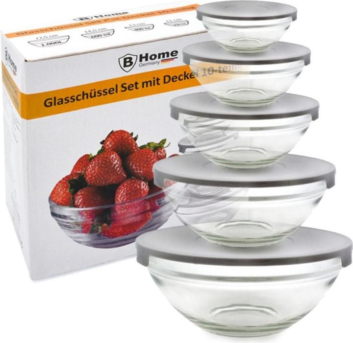 Image du produit B-Home Lot de 5 bols en verre avec couvercle (1 l, 5 x)