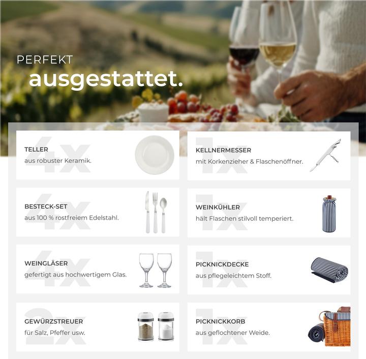 Produktbild tectake Picknickkorb Rügen für 4 Personen, mit Kühlfach & Zubehör