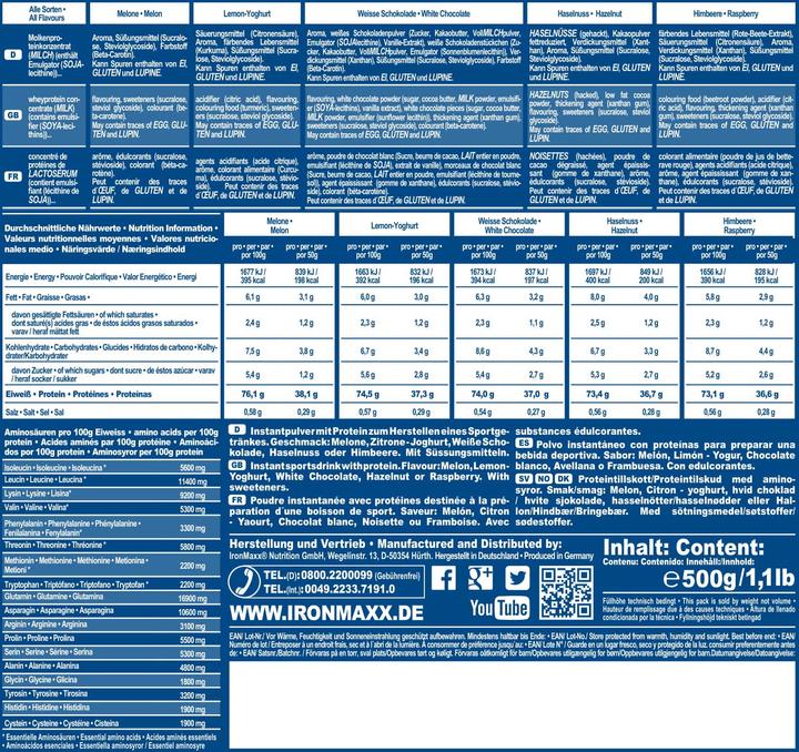 Nährwerte und Zutaten IronMaxx 100% Whey Protein (500g Beutel) (Pistachio, Coconut, 1 Stk., 500 g)