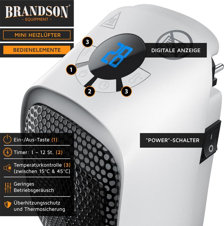Image du produit Brandson Steckdosen Mini Heizlüfter 400W, Keramikheizlüfter, Badezimmer Mini Heizgerät mit Temperaturregelung (400 W)