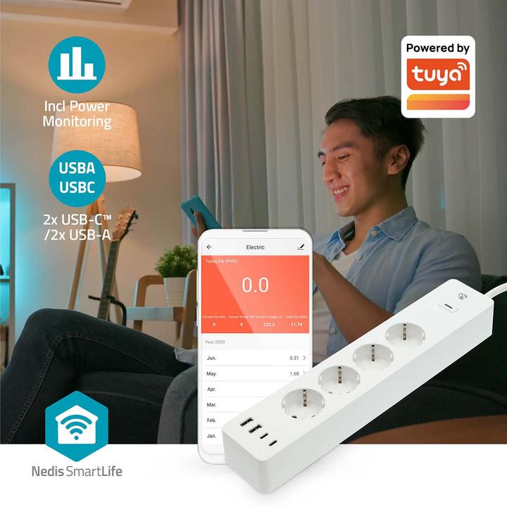 Actual product image Nedis SmartLife Power Strip Wi-Fi | Hybrid (CEE 7/7) / USB A / USB-C™ | 16 A | 3680 W | 2.00 m | 0 -