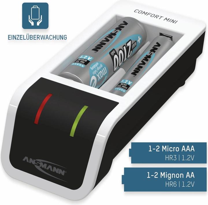 Produktbild Ansmann Comfort Mini Ladegerät inkl. 2 AA Mignon Akkus 2100 mAh (1 Stk., AA, AAA, 800.80 mAh, Akku)