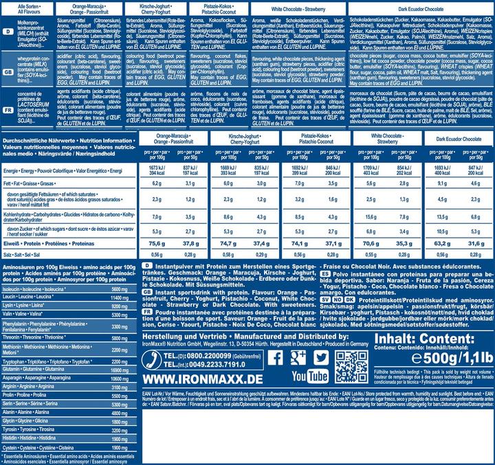 Nährwerte und Zutaten IronMaxx 100% Whey Protein (500g Beutel) (Erdbeer, 1 Stk., 500 g)