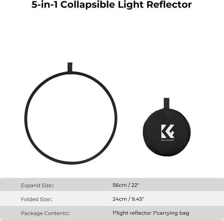 Immagine prodotto K&F Concept 5 in 1 Riflettore fotografico circolare 56cm Gold Sliver Black White Translucent Panel Five Ligth