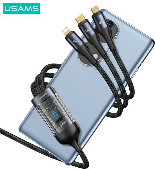 Actual product image Usams US-SJ600 U83 3IN1 Transparent Digital Display PD100W Fast Charging & Data Cable 1.2m C To C+L+M (1.20 m, USB 2.0)