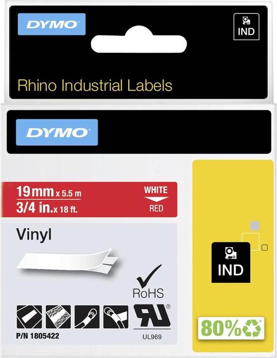 Energie-Label Dymo Rhino 19mm weiß auf rot Vinyl (1.90 cm, Rot)