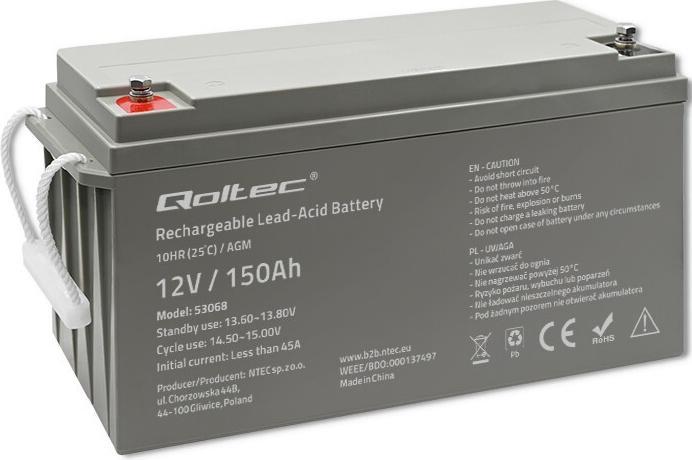 Produktbild Qoltec AGM-Batterie | 12V | 150Ah | max. 2250A (12 V, 150 Ah)
