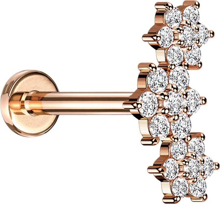 Produktbild Star Piercing Micro Labret Innengewinde rosegold drei Blumen Kristalle silber (Messing, Chirurgenstahl 316L)