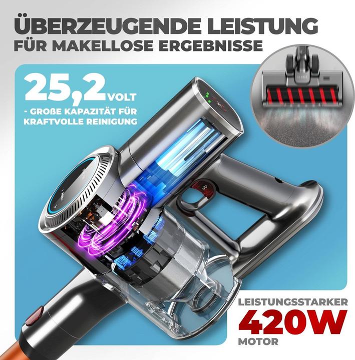 Immagine prodotto KLAMER Akkustaubsauger, 420 Watt, 2 Akkus und mit verschiedenen Aufsätzen