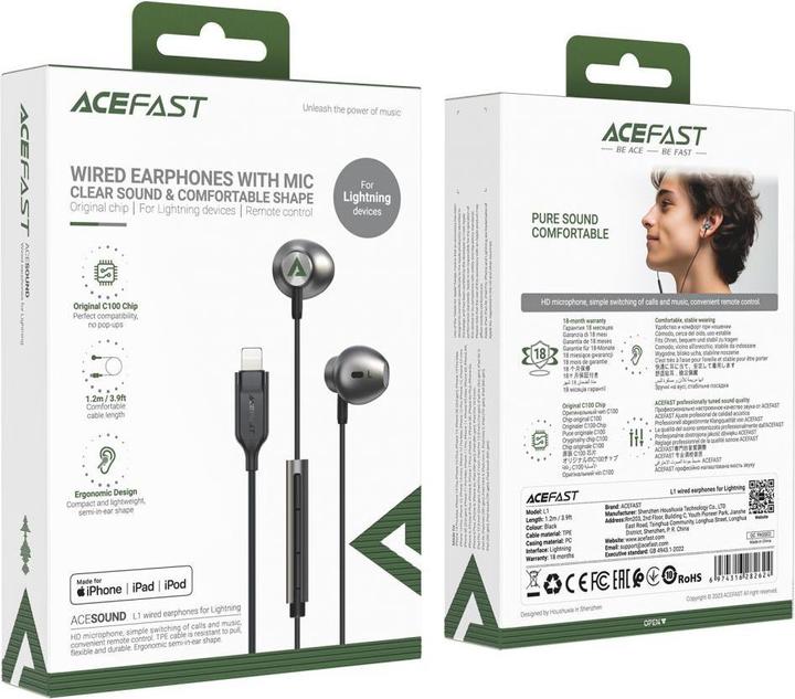 Produktbild Acefast L1 In-Ear-Kopfhörer mit 1,2 m Lightning Anschluss – Schwarz (ANC, Kabelgebunden)