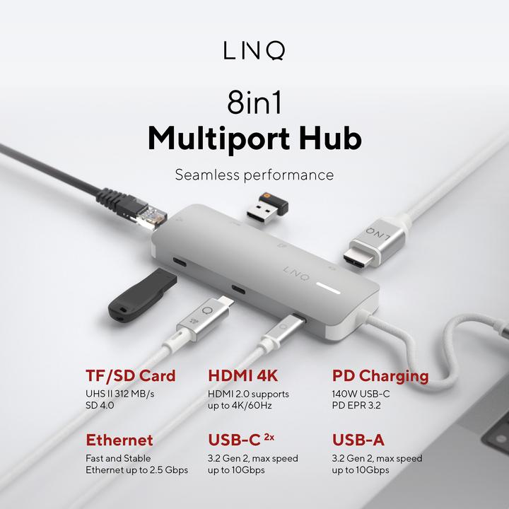 Image du produit LINQ Connects 8in1 PRO USB-C Multiport Hub 140W (USB-C, 8 Ports)