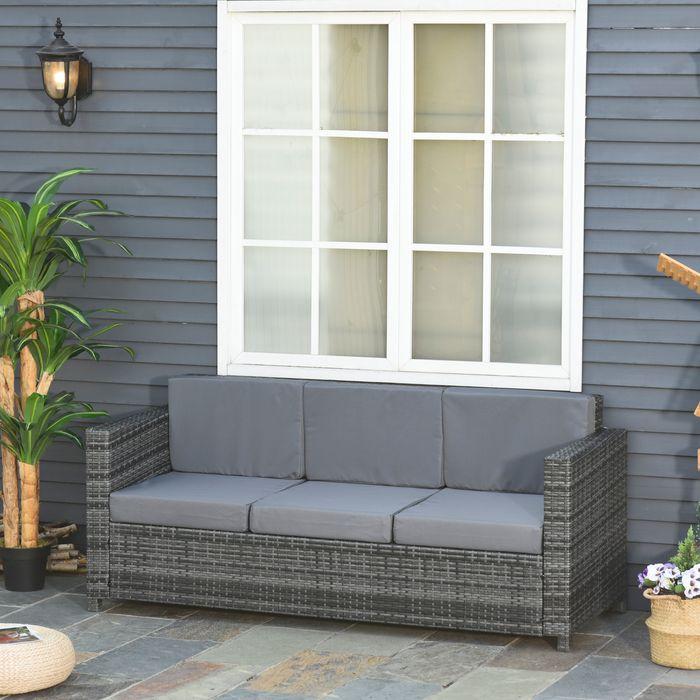 Actual product image Swisshandel24 Poly-Rattan Sofa mit Kissen 3-Sitzer Garten Loungesofa Metall Polyester Grau 185 x 70 x 80 cm