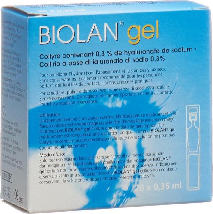 Produktbild Biolan Gel Augentropfen (7 ml, Biolan Augentropfen/Gel mit Natriumhyaluronat 0.3% zur verbesserten Befeuchtung, Linderung und Pflege trockener Augen)
