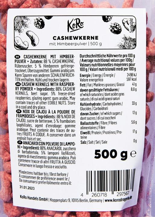 Nutritional values and ingredients KoRo Cashew nuts with raspberry powder (500 g)