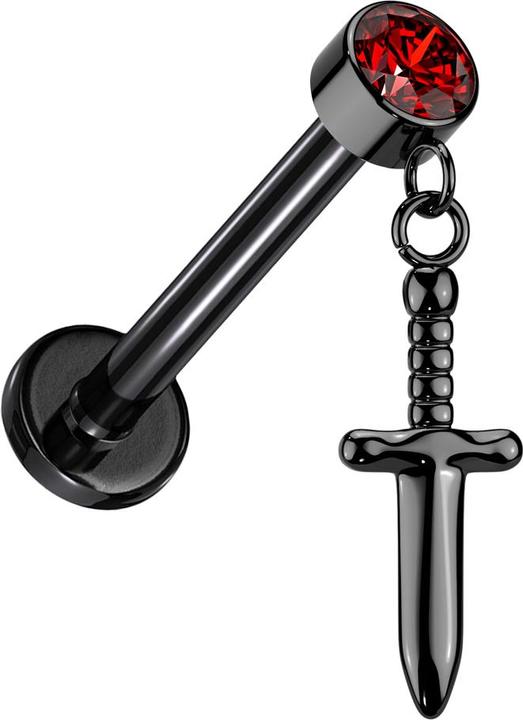 Image du produit Star Piercing Micro Labret Filetage intérieur noir Cylindre noir Cristal rouge Pendentif Dague noir (sans laiton, Titane G23)