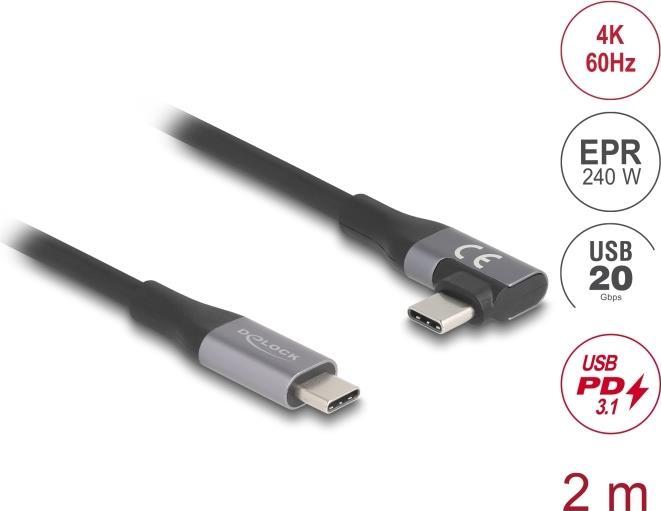 Image du produit Delock Câble USB 20 Gbps coudé gauche / droite USB PD 3.1 (2 m, USB 3.2 Gen 2x2)