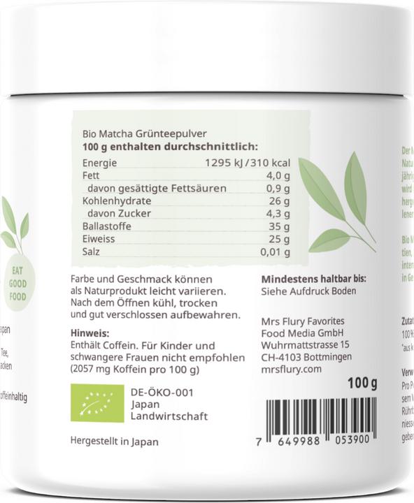 Valori nutrizionali e ingredienti Mrs Flury Polvere di Matcha biologica (100 g)