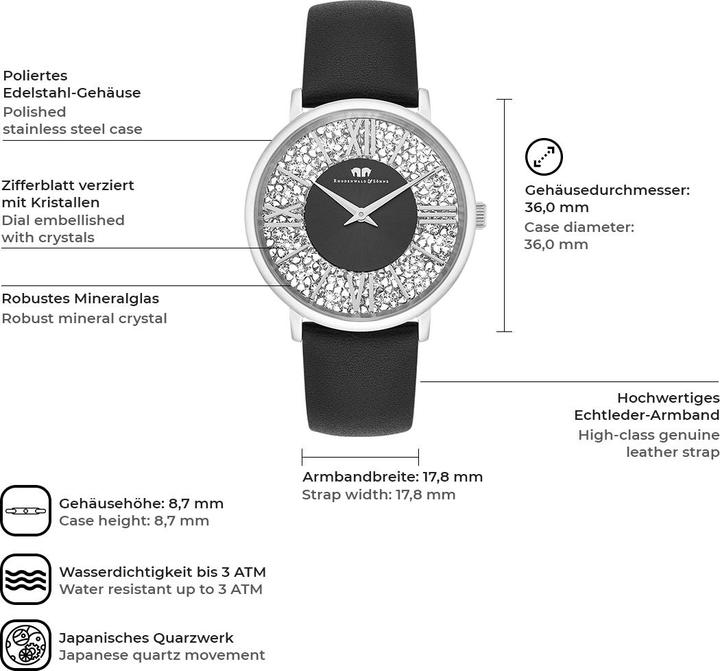 Actual product image Ladies quartz watch Pamina genuine leather black - 23870 (Analogue wristwatch, 36 mm)