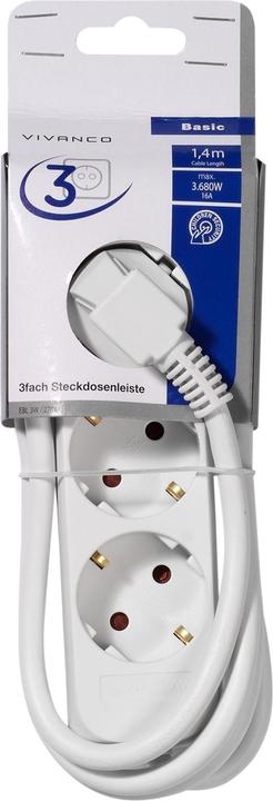 Actual product image Vivanco 3-socket outlet strip white 1.4m 27013 EBL 3W 3 x Schuko, child-proof, without switch (3 x, CEE 7/3)