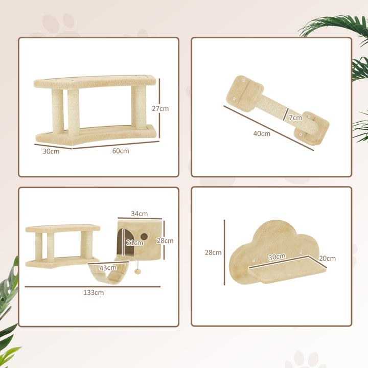Image du produit PawHut Katzen Kletterwand Set Spanplatte, Plüsch Beige (54 cm, Beige+Blanc crème)