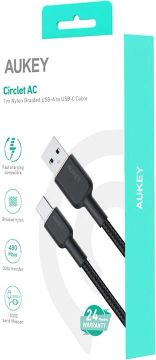Actual product image Aukey CB-NAC1 USB-C Type-C Power Delivery PD 60W 3A 1m Nylon Black (1 m, USB 3.0)