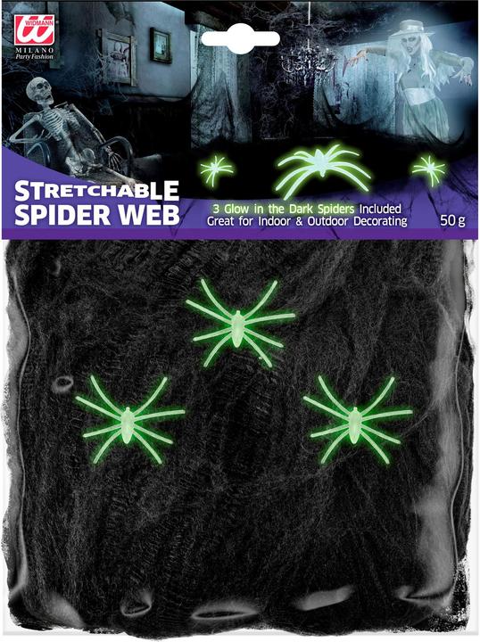 Image du produit Widmann 50g de toile d'araignée noire avec 3 araignées phosphorescentes