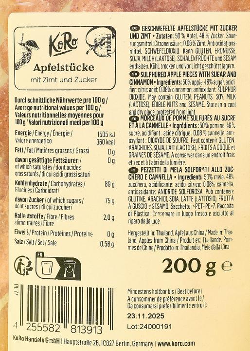 Nährwerte und Zutaten KoRo Geschwefelte Apfelstücke mit Zucker und Zimt (200 g)