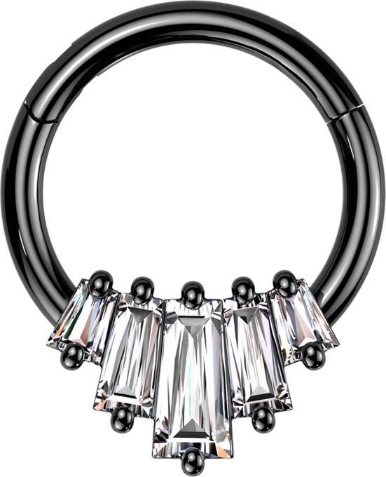 Star Piercing Micro Segmentring klappbar schwarz fünf Kristalle Baguette (Messing, Chirurgenstahl 316L)