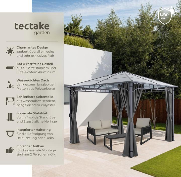 Produktbild tectake Gartenpavillon Caracas, wetterfest, Polycarbonat-Dachplatten (297 cm, 297 cm)