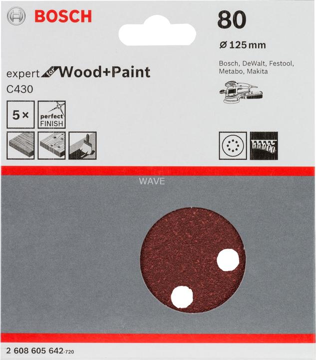 Produktbild Bosch Professional Zubehör Schleifblatt C430, 125 mm, 80, 8 Löcher, Klett, 5er-Pack (80)