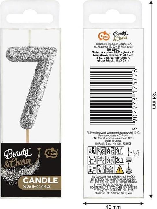 Image du produit GoDan Piker Kerze 7 schwarzer Glitzer 11x3,5 cm (1 pcs)