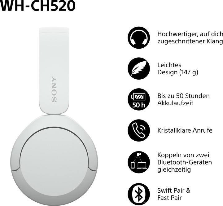 Immagine prodotto Sony WH-CH520 (Nessuna soppressione del rumore, 50 h, Senza fili)