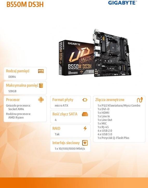 Produktbild Gigabyte B550M DS3H (AM4, AMD B550, mATX)