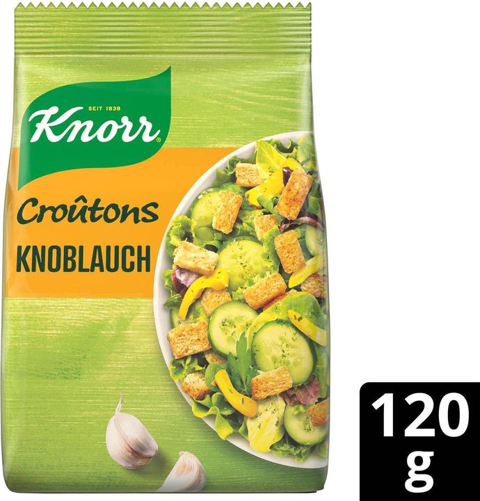 Immagine prodotto Knorr Crostini all'aglio, pezzi di pane Crostini ideali per insalate e zuppe, guarnizione croccante (120 g)