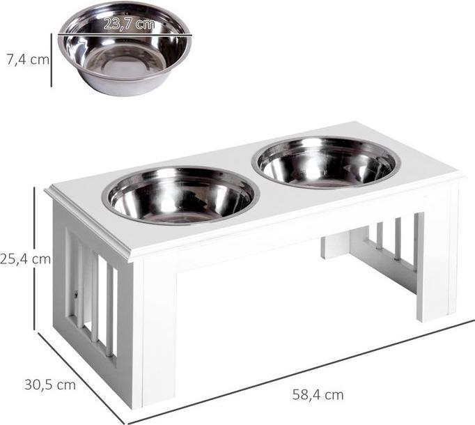 Produktbild Swisshandel24 Erhöhter Hundenapf, Futternapf, Edelstahlnäpfen, Haustier Fressnapf, MDF, Weiss, 58,4 x 30,5 x 25,4 (2 l)