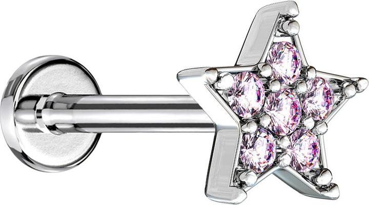 Actual product image Star Piercing Micro Labret internal thread silver star crystal pink (Brass, Surgical steel 316L)