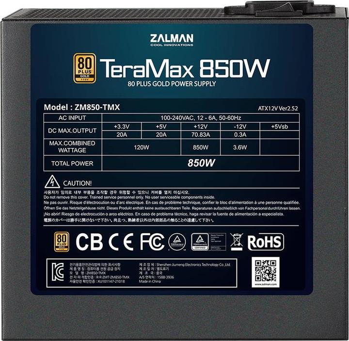 Actual product image Zalman ZM850-TMX TerraMax 80 PLUS GOLD PSU 850W/Full-modular 99.9% Active PFC/Single (850 W)